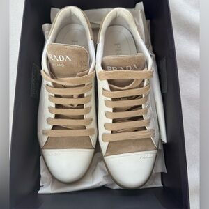Prada White Leather and Tan Suede Sneakers